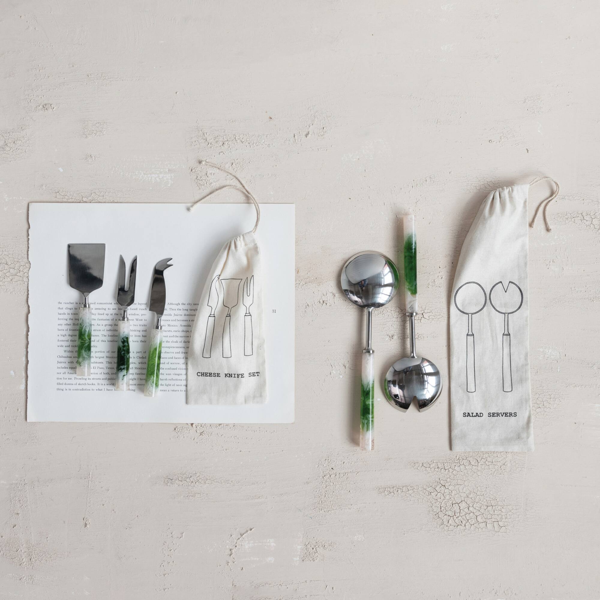Hello Honey 2-Piece Stainless Steel Salad Servers with Marbled Resin Handles, Green and White